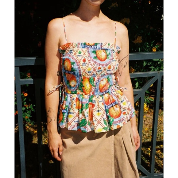 Damson Madder Marina Side-Tie Smocked Cami Top Orange Fruit Print 8 - Picture 12 of 14